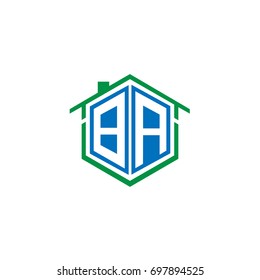 Initial Letter BA Linked Logo, House or Real Estate Badge with Blue and Green Color