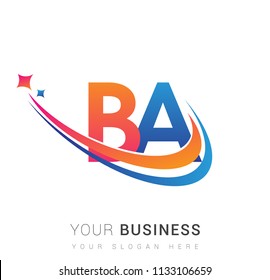 initial letter BA logotype company name colored orange, red and blue swoosh star design. vector logo for business and company identity.