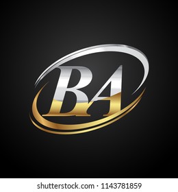 initial letter BA logotype company name colored gold and silver swoosh design. isolated on black background.