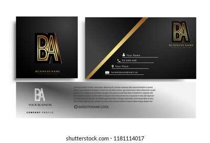 initial letter BA logotype company name colored gold elegant design. Vector sets for business identity on black background.