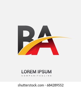 initial letter BA logotype company name colored red, black and yellow swoosh design. isolated on white background.
