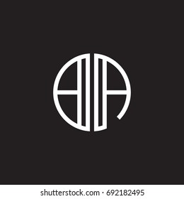 Initial letter BA, minimalist line art monogram circle shape logo, white color on black background