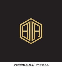 Initial letter BA, minimalist line art hexagon logo, gold color on black background