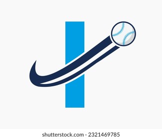 Concepto del logotipo de la carta inicial I de béisbol con plantilla de vectores de iconos de béisbol en movimiento