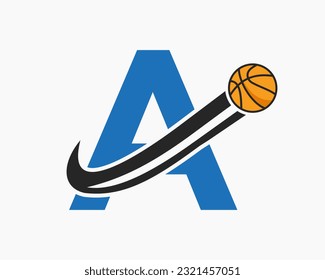 Initial Letter A Basketball Logo Concept With Moving Basketball Icon. Basket Ball Logotype Symbol