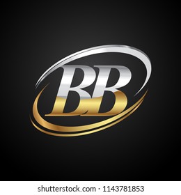 initial letter BB logotype company name colored gold and silver swoosh design. isolated on black background.