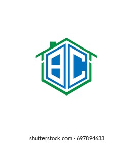 Initial Letter BC Linked Logo, House or Real Estate Badge with Blue and Green Color