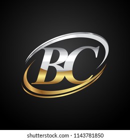 initial letter BC logotype company name colored gold and silver swoosh design. isolated on black background.