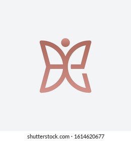 Initial letter BE with abstract butterfly element. minimalist line art monogram shape logo.Typography decorative icon with human growth . Beauty, luxury spa style. - vector