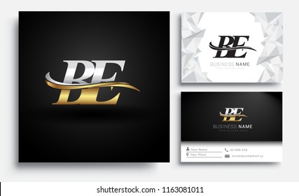 initial letter BE logotype company name colored gold and silver swoosh design. Vector sets for business identity on white background.