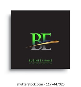initial letter BE logotype company name colored green and gold swoosh design. vector logo for business and company