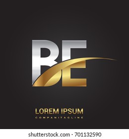 initial letter BE logotype company name colored gold and silver swoosh design. isolated on black background.