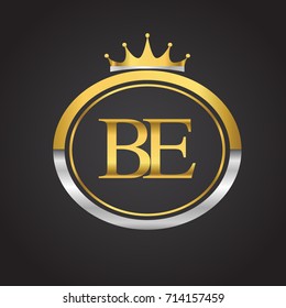 initial letter BE logotype company name with oval shape and crown, gold and silver color. vector logo for business and company identity.
