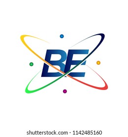 initial letter BE logotype science icon colored blue, red, green and yellow swoosh design. vector logo for business and company identity.
