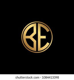 Initial letter BE, minimalist line art monogram circle shape logo, gold color on black background