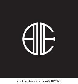 Initial letter BE, minimalist line art monogram circle shape logo, white color on black background