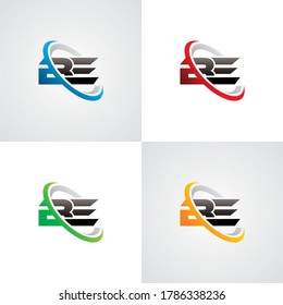 initial letter BE swoosh ring company logo blue red green orange black grey