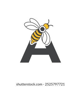 Initial letter A bee logo design. Honey bee with letter A on wings logo or icon vector bee design illustration concept .