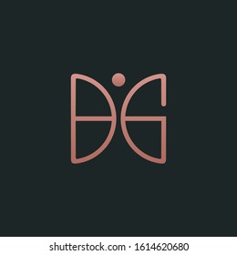 Initial letter BG with abstract butterfly element. minimalist line art monogram shape logo.Typography decorative icon with human growth . Beauty, luxury spa style. - vector