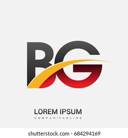initial letter BG logotype company name colored red, black and yellow swoosh design. isolated on white background.
