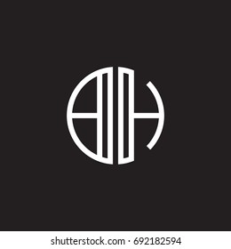 Initial letter BH, minimalist line art monogram circle shape logo, white color on black background
