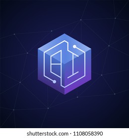 Initial letter BI, block chain, looping mono line circuit letter on hexagon cube logo, blue magenta gradient color on black blue network background