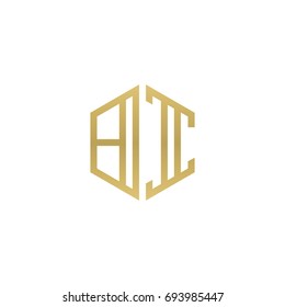 Initial letter BI, minimalist line art hexagon shape logo, gold color