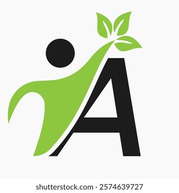 Initial Letter A Bio or Healthcare Logo Design Concept With Human And Green Leaf Symbol