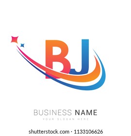 initial letter BJ logotype company name colored orange, red and blue swoosh star design. vector logo for business and company identity.