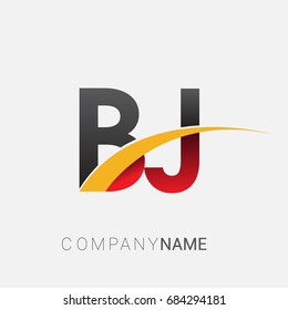 initial letter BJ logotype company name colored red, black and yellow swoosh design. isolated on white background.
