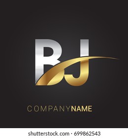 initial letter BJ logotype company name colored gold and silver swoosh design. isolated on black background.