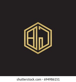 Initial letter BJ, minimalist line art hexagon logo, gold color on black background