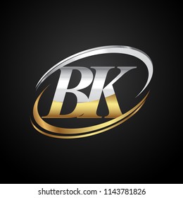 initial letter BK logotype company name colored gold and silver swoosh design. isolated on black background.