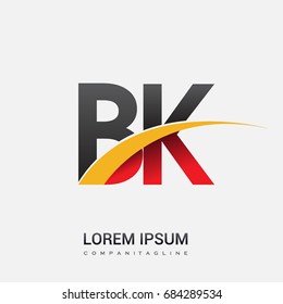 initial letter BK logotype company name colored red, black and yellow swoosh design. isolated on white background.
