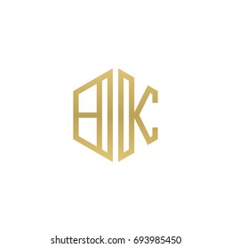 Initial letter BK, minimalist line art hexagon shape logo, gold color
