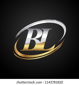 initial letter BL logotype company name colored gold and silver swoosh design. isolated on black background.