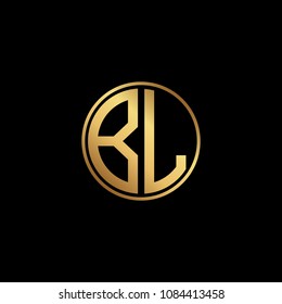 Initial letter BL, minimalist line art monogram circle shape logo, gold color on black background