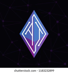 AT Initial letter block chain logo icon vector template. Looping mono line circuit letter on rhombus cube logo