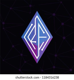 RE Initial letter block chain logo icon vector template. Looping mono line circuit letter on rhombus cube logo