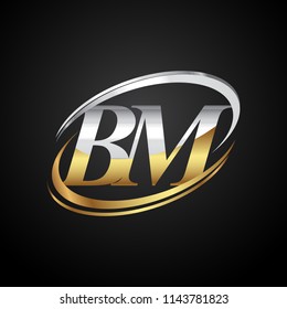 initial letter BM logotype company name colored gold and silver swoosh design. isolated on black background.
