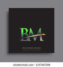 initial letter BM logotype company name colored green and gold swoosh design. vector logo for business and company