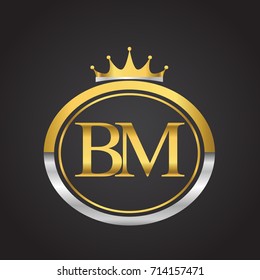 initial letter BM logotype company name with oval shape and crown, gold and silver color. vector logo for business and company identity.