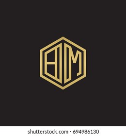 Initial letter BM, minimalist line art hexagon logo, gold color on black background