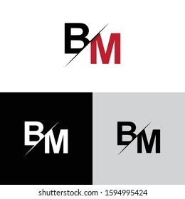 Initial letter bm sliced uppercase modern logo design template elements. Black, red and white letter Isolated on white, black and grey background. Suitable for business, consulting group company.
