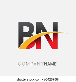 initial letter BN logotype company name colored red, black and yellow swoosh design. isolated on white background.
