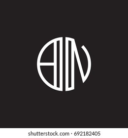 Initial letter BN, minimalist line art monogram circle shape logo, white color on black background