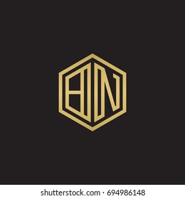 Initial letter BN, minimalist line art hexagon logo, gold color on black background