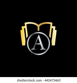 Initial Letter A with Book Logo Gold Silver Black Background