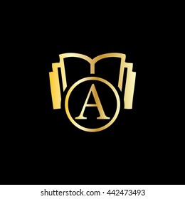 Initial Letter A with Book Logo Gold Black Background