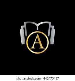 Initial Letter A with Book Logo Silver Gold Black Background